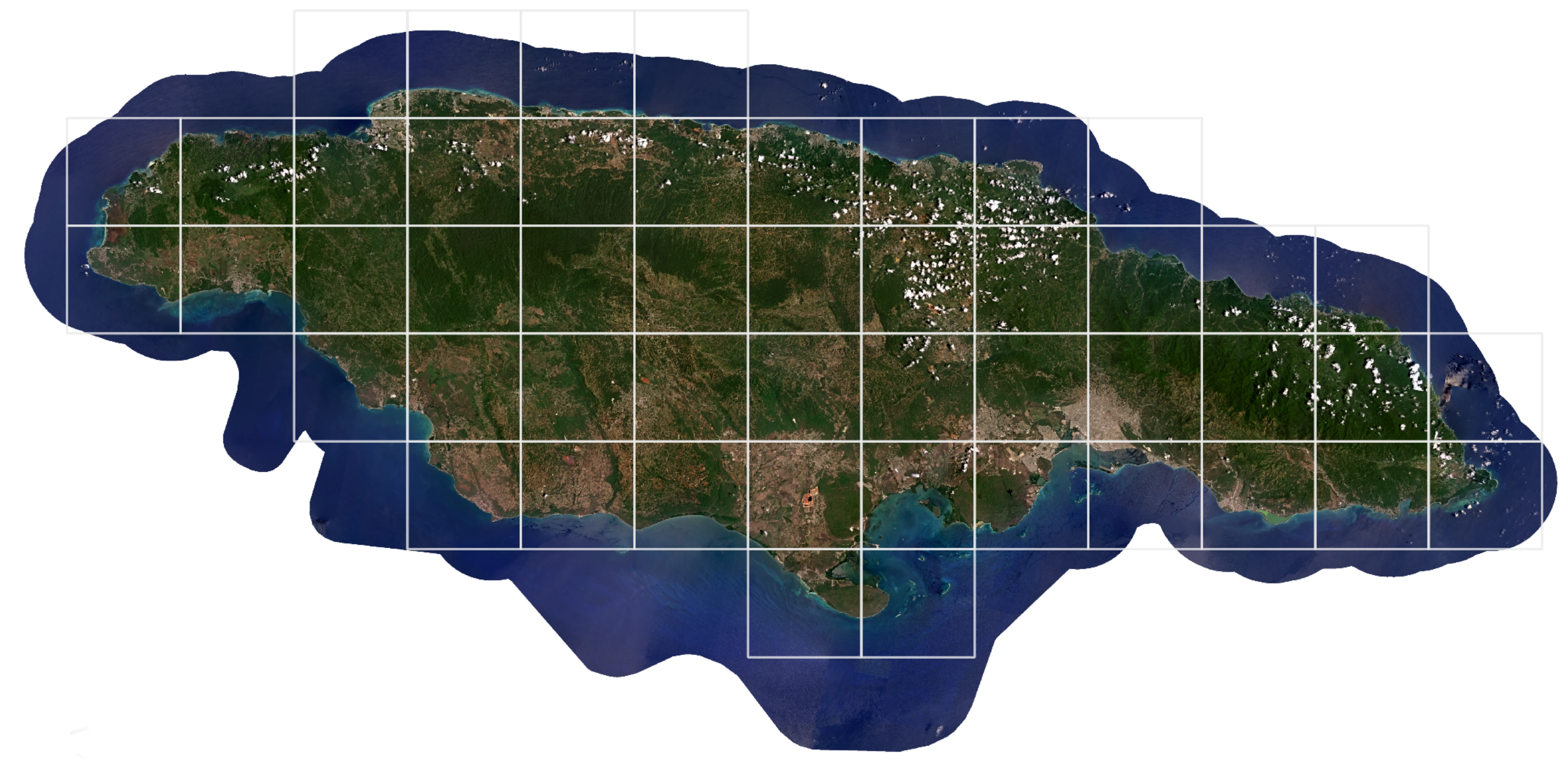 Web Mercator Tiling Grid with Monthly Visual Mosaic of Jamaica, April, 2024