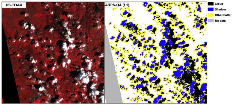 Figure 3: QA layer 1 (cloud and cloud shadow mask) and input PS-TOAR product.
