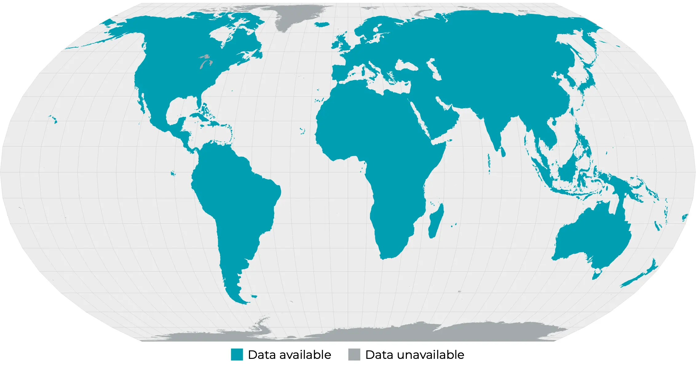 Figure 7. Data availability map for the forest carbon diligence product. Land above 75 North or below 60 South are excluded. Some small islands were excluded