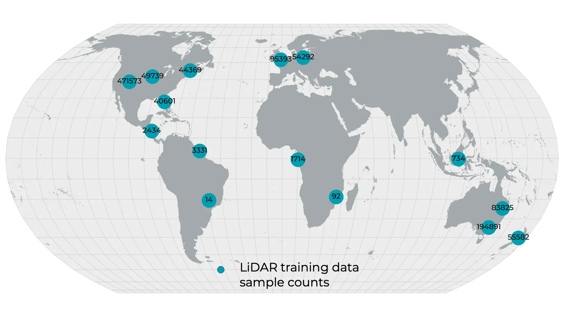 Figure 2: Extent and count of the airborne LiDAR data used for model training and evaluation.