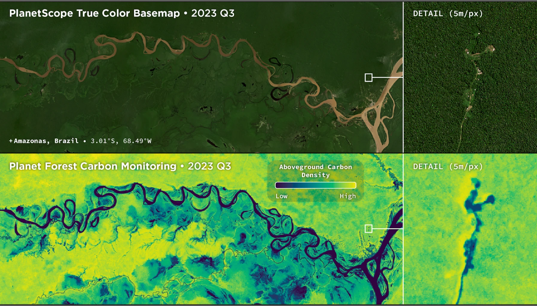 Figure 1: Side-by-side view of PlanetScope Basemaps and aboveground carbon density data over the Amazon River in Amazonas, Brazil.