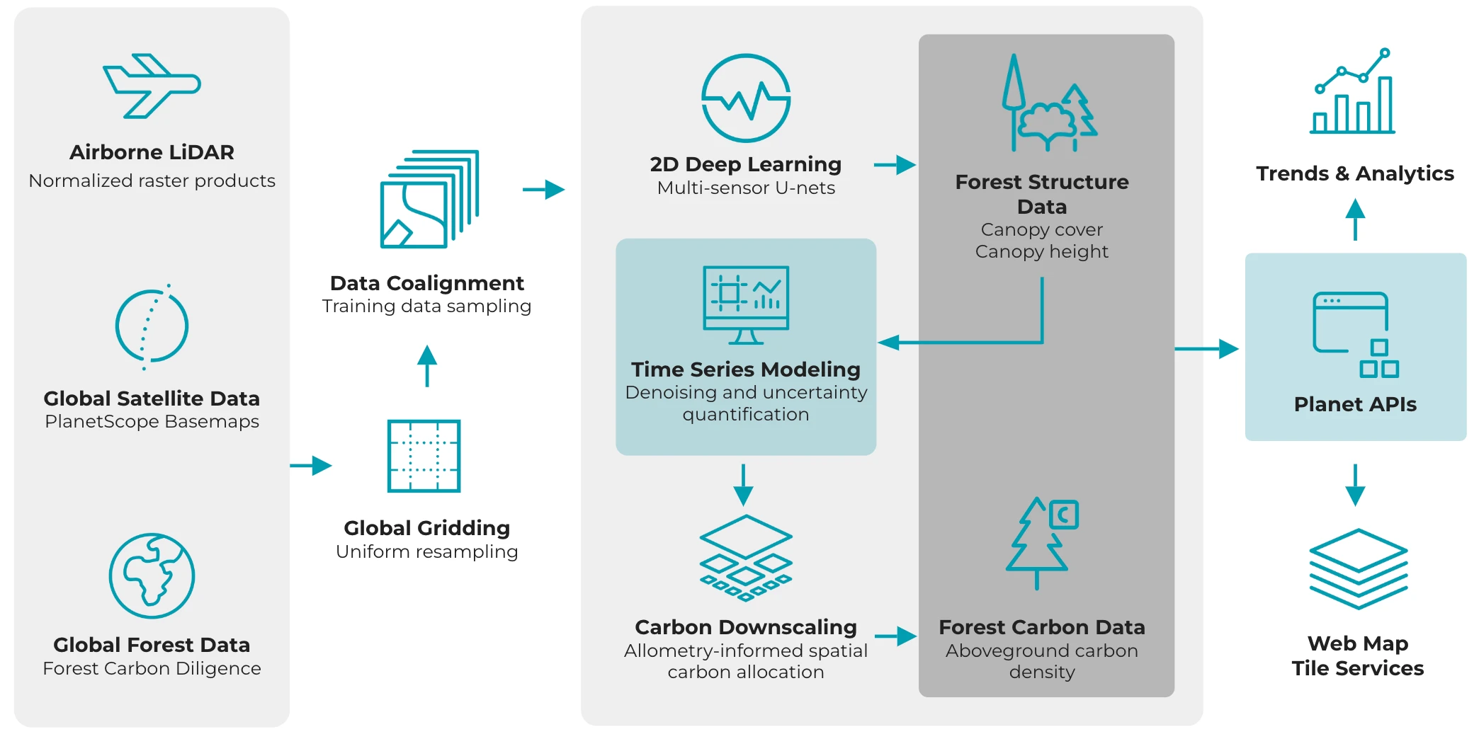 Figure 2: Workflow diagram for Forest Carbon Monitoring illustrating the flow of data for delivery.