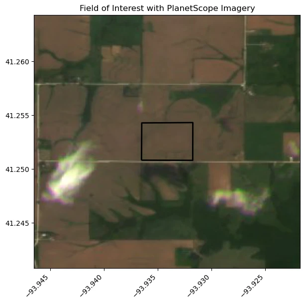 AOI visualization with field boundaries (Des Moines)