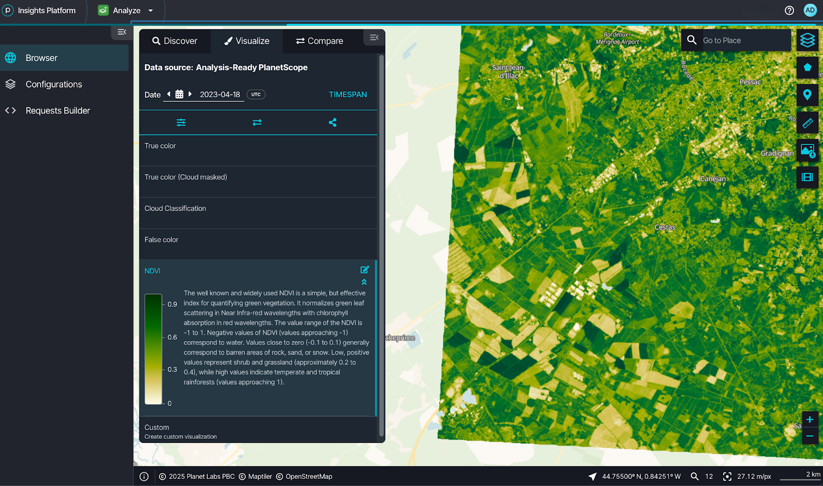 Browser interface showing NDVI panel and visualization options
