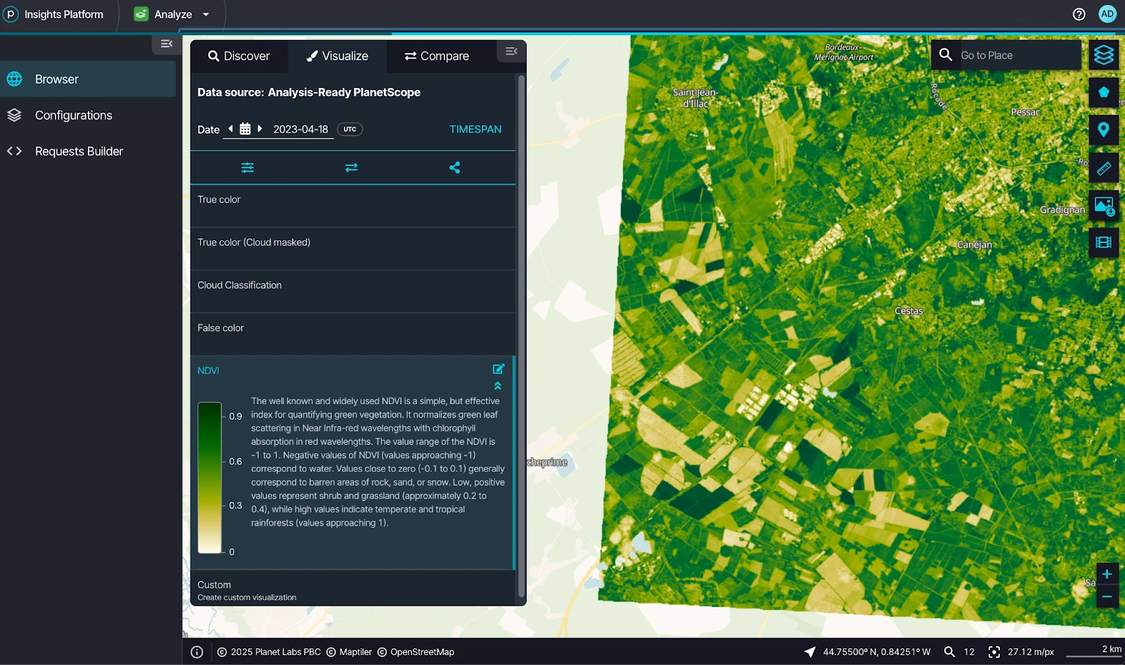 Browser interface showing NDVI panel and visualization options