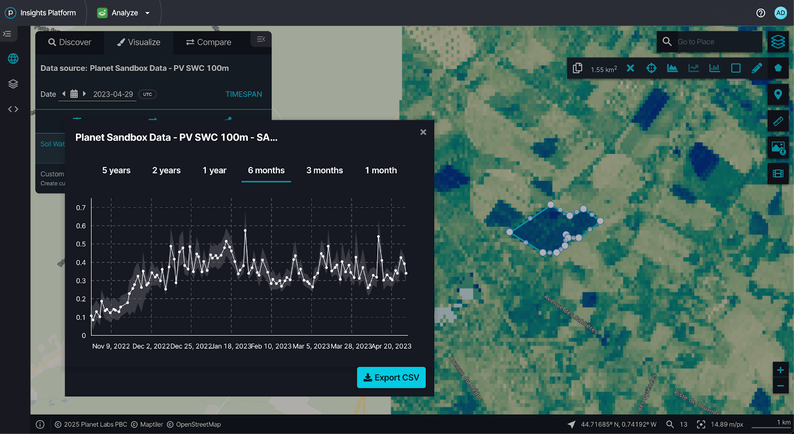 Browser interface showing time series chart for pixel analysis with Export CSV option