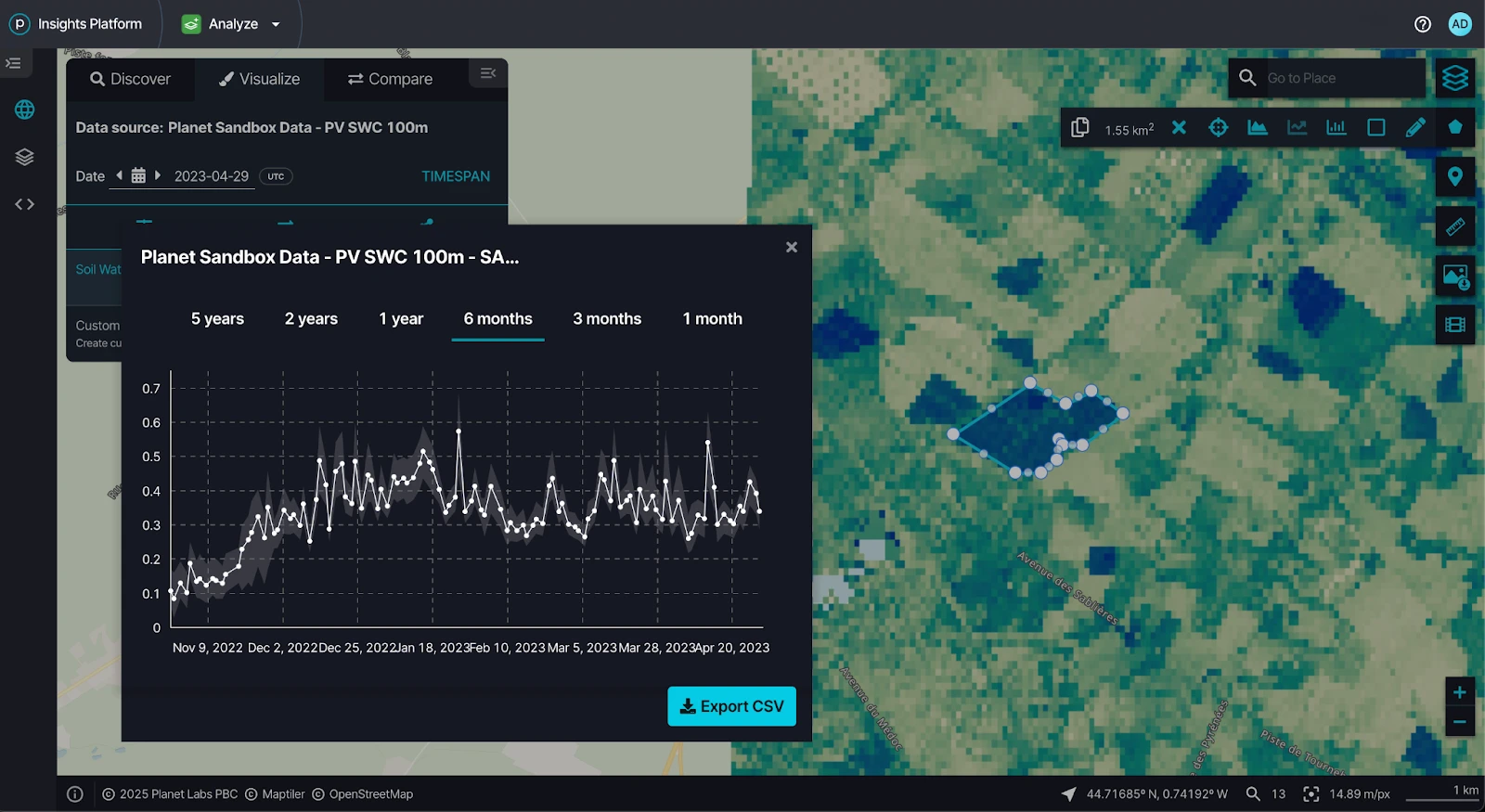 Browser interface showing time series chart for pixel analysis with Export CSV option