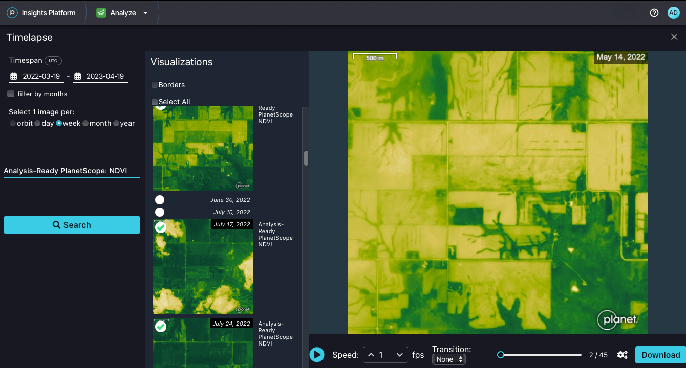 Browser time-lapse interface showing visualization panel, time range settings, and playback options