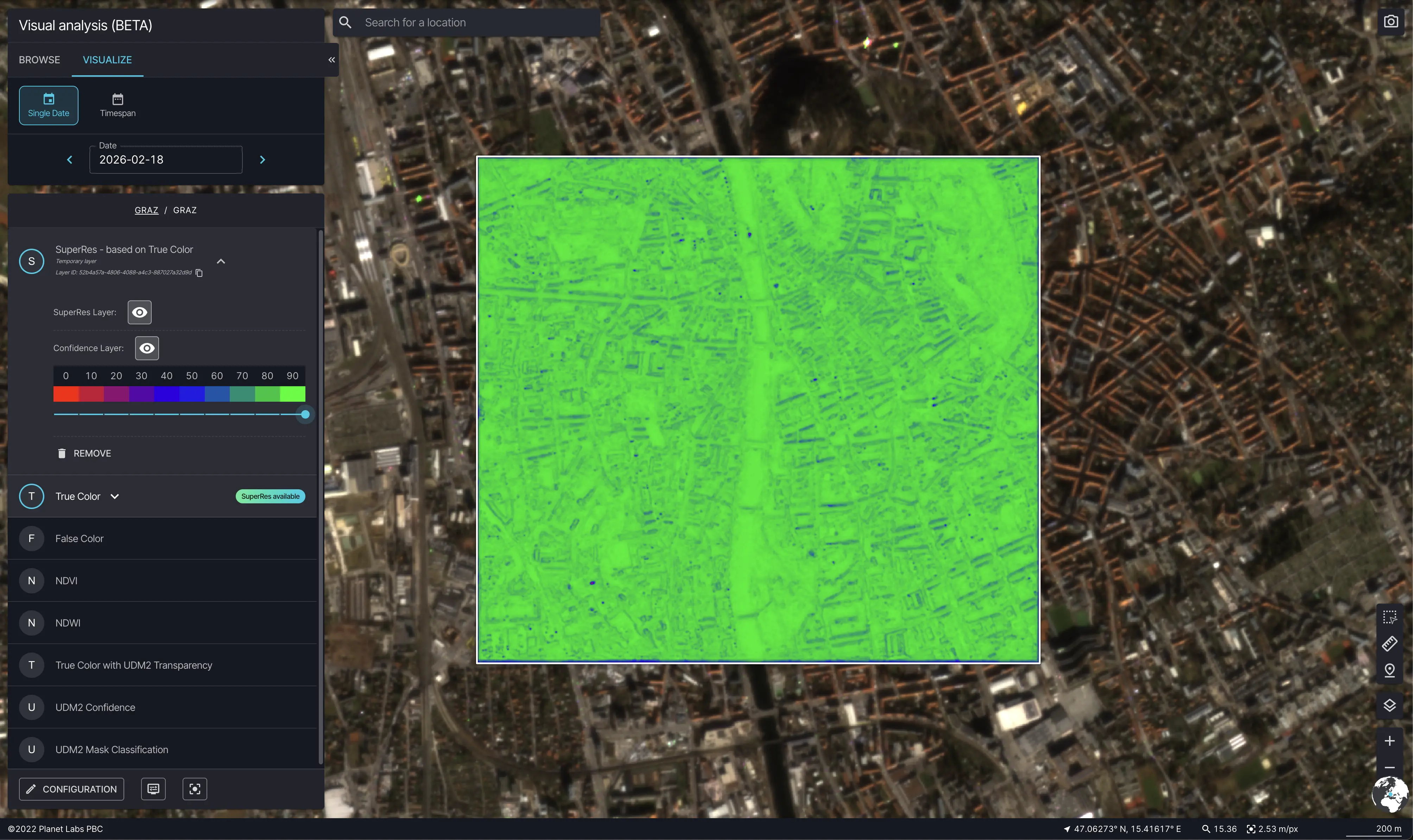 Visual Analysis showing the SuperRes Confidence Layer overlay with legend visible