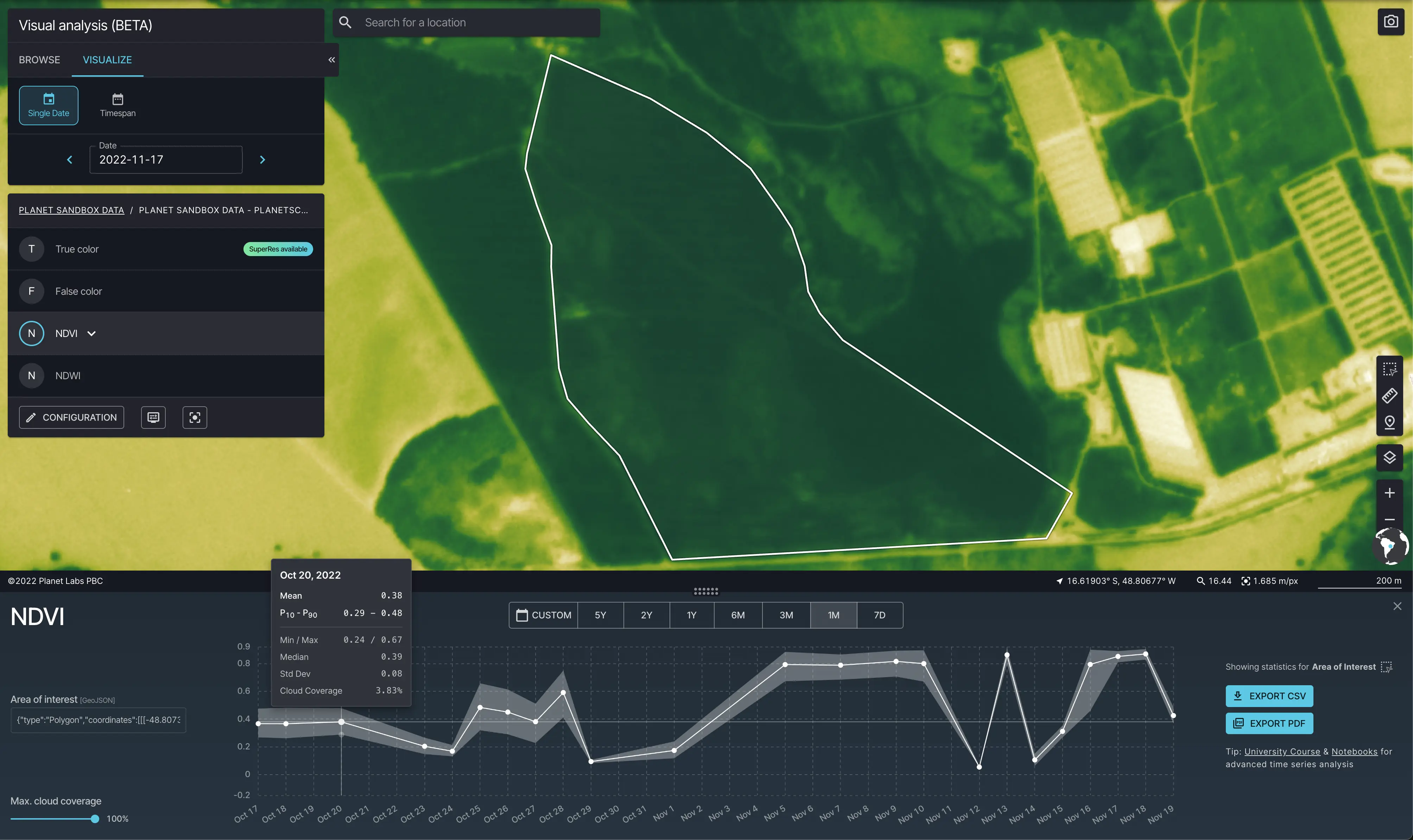 Statistical analysis over selected AOI on top of NDVI layer.