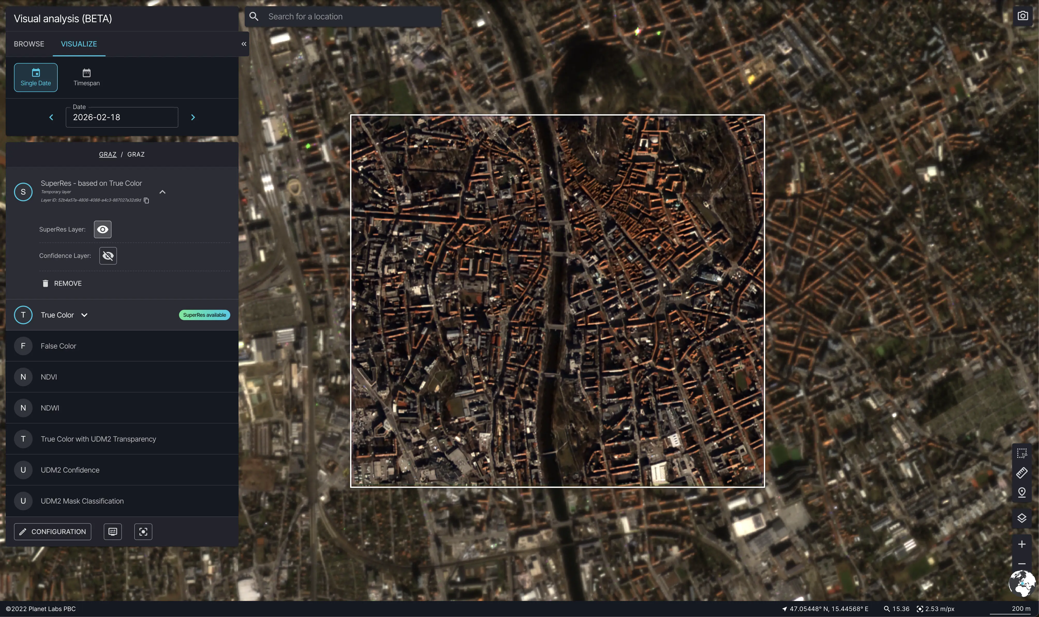 Visual Analysis showing SuperRes applied to a PlanetScope collection with the enhanced layer visible on the map