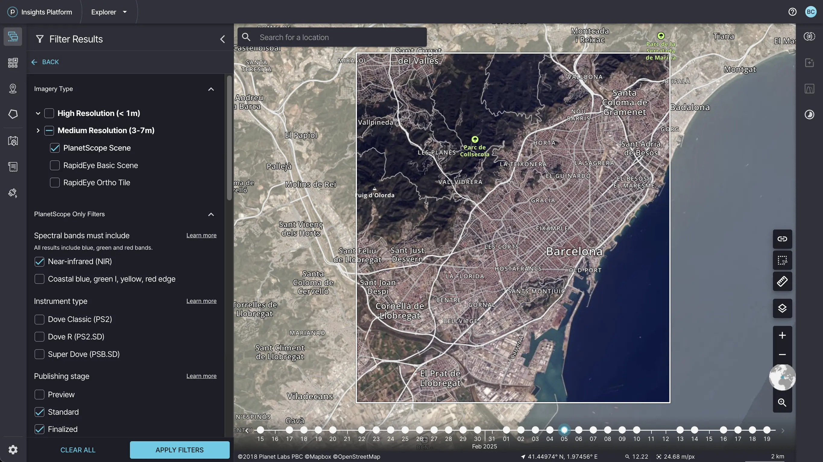 Search for imagery in Planet Explorer using different filters.