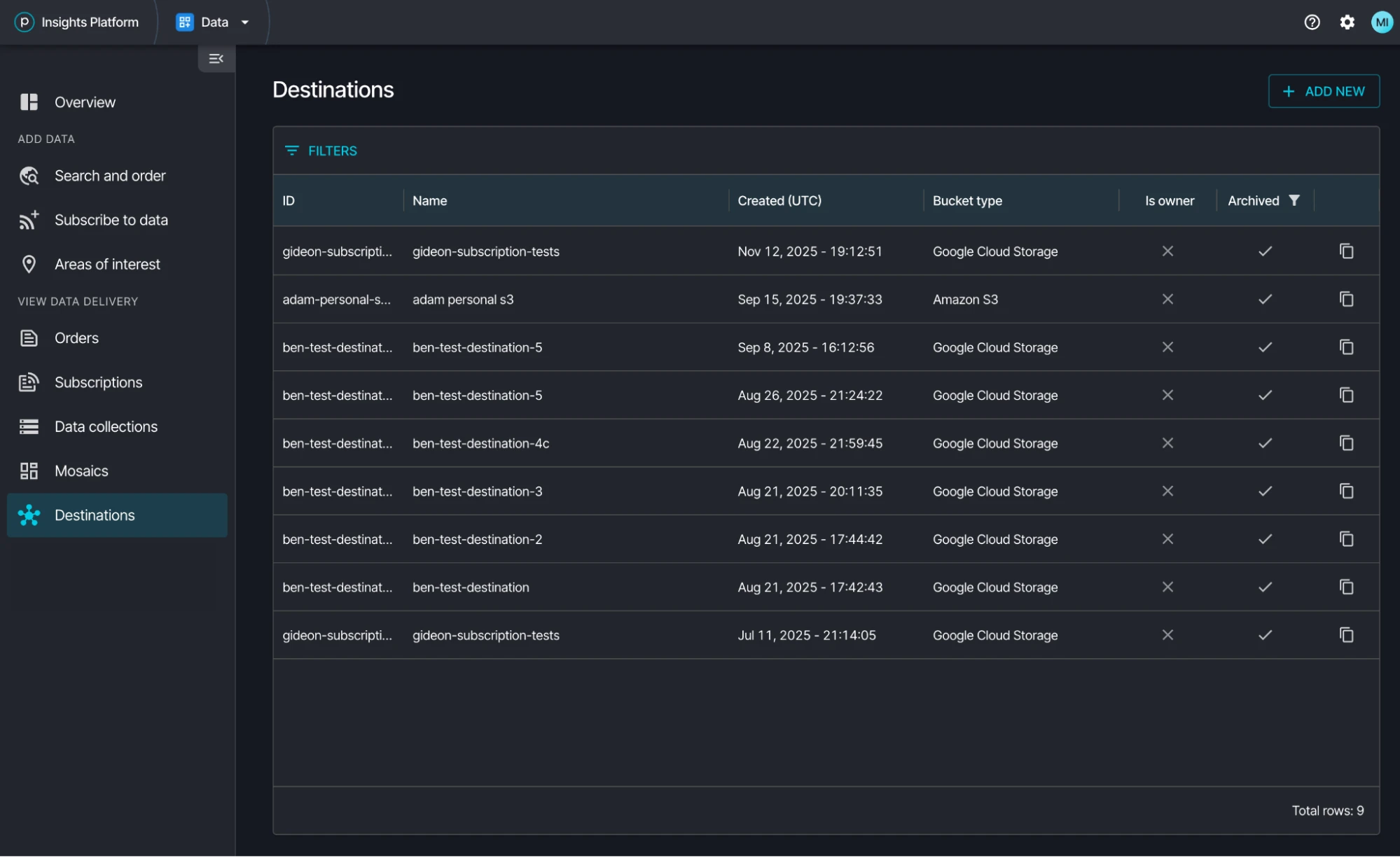 Destinations UI Overview