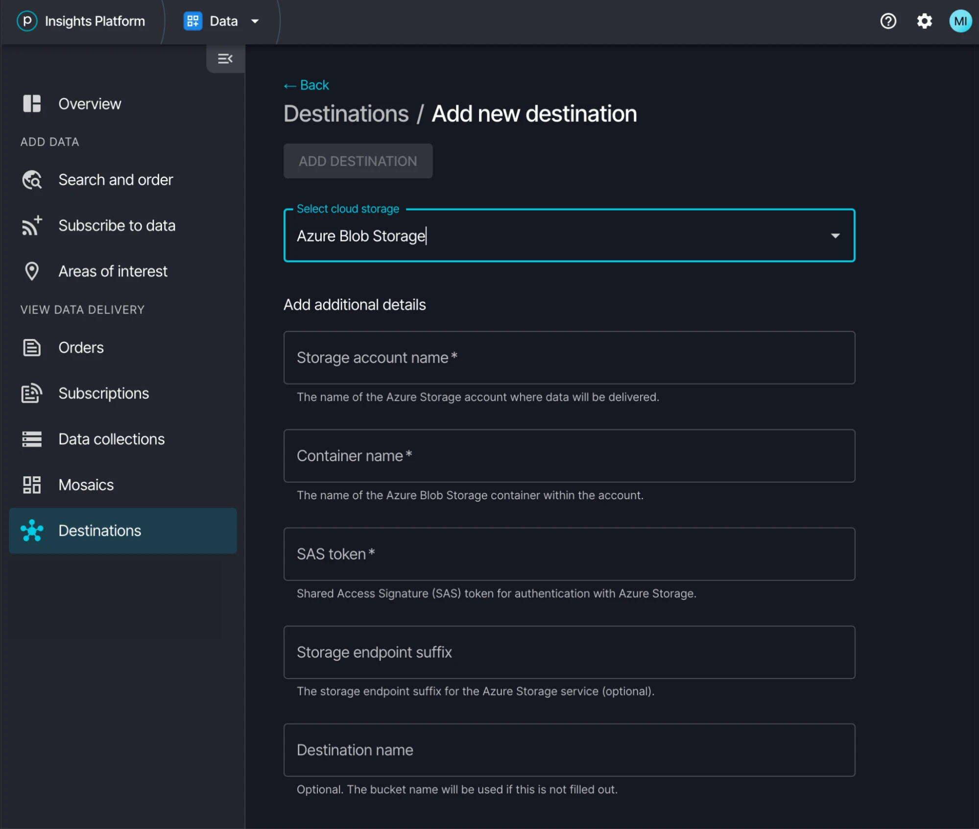 Set Up a New Destination
