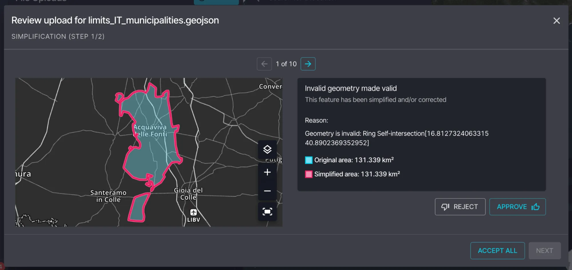 Viewing reasons for invalid geometry and simplified area size