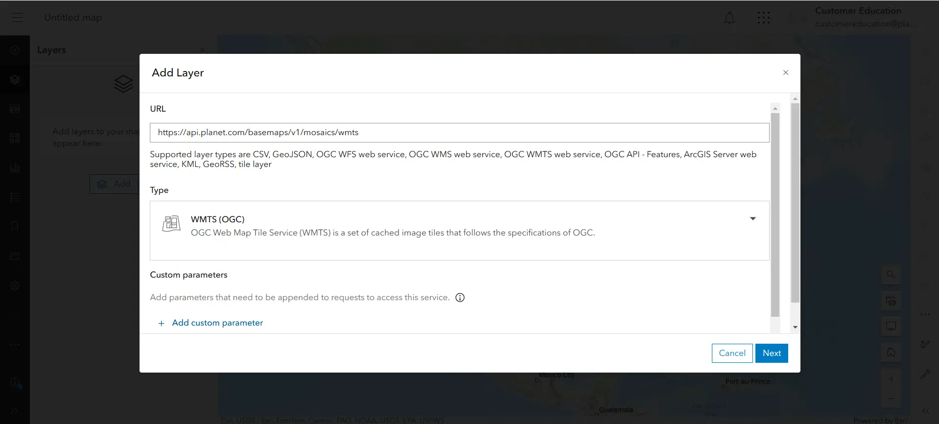 ArcGIS Online Enter WMTS URL