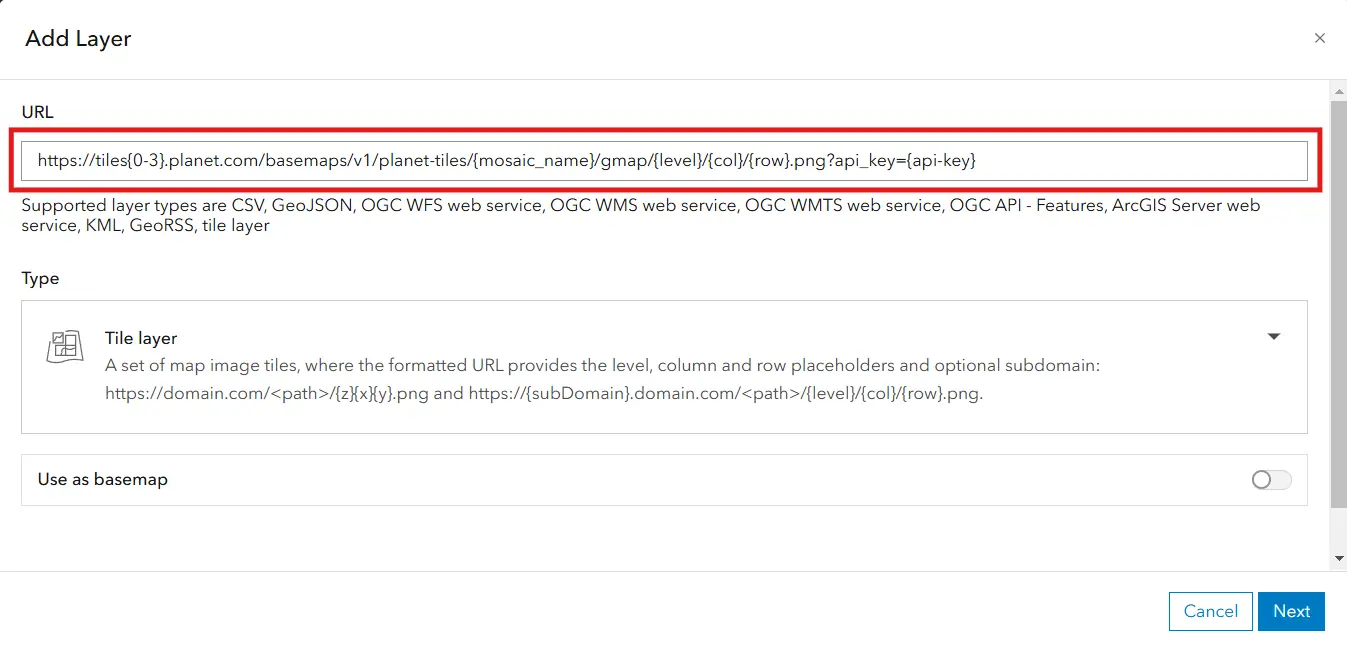ArcGIS Online Enter XYZ Tile Service URL