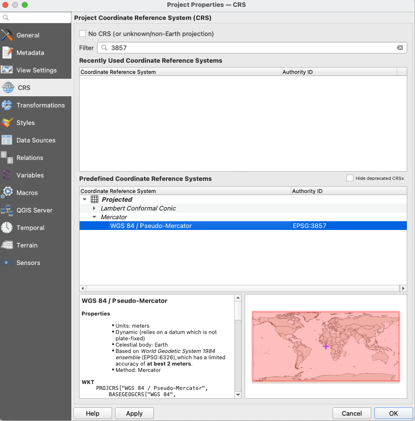 QGIS Project Properties dialog
