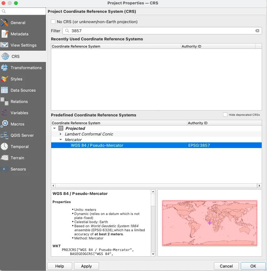 QGIS Project Properties dialog